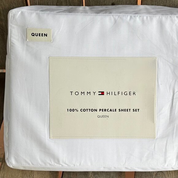 Tommy Hilfiger Queen Size 100% Cool Crisp Cotton Percale Sheet Set BRIGHT WHITE - Picture 1 of 4